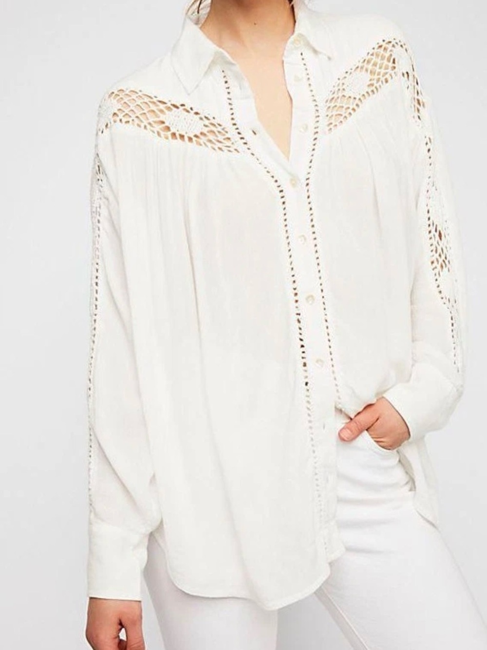 Free People Katie bird White Crochet-Detail Button Down Shirt - Picture 3 of 10